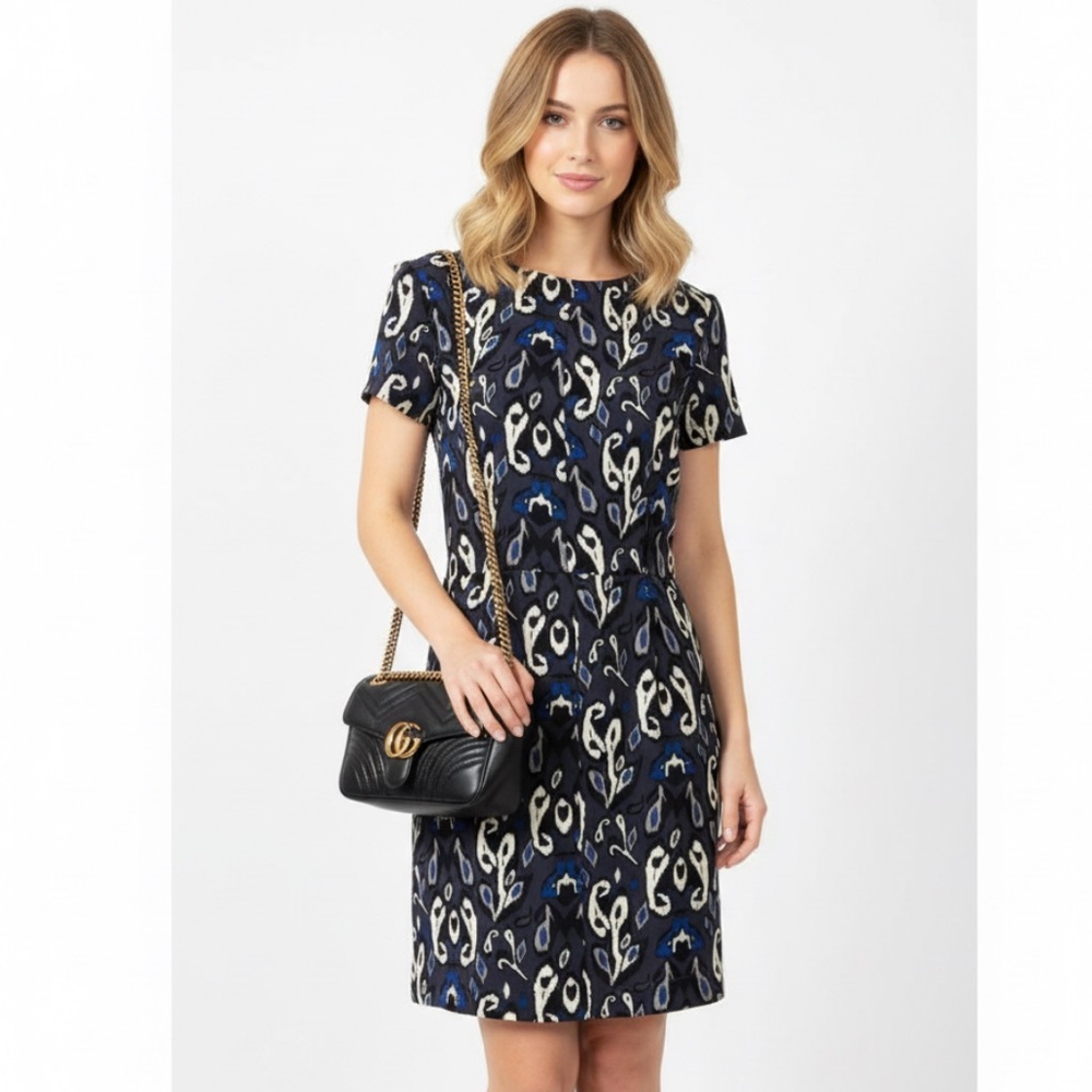 Rag & Bone 100% Silk Ikat Black, Navy & Cream Crew Neck Short Sleeve Mini Dress